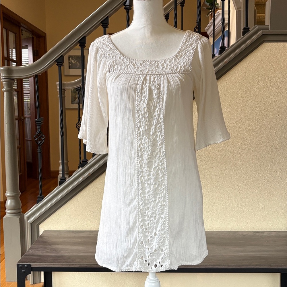Women's White Crochet-Accent Tunic Dress